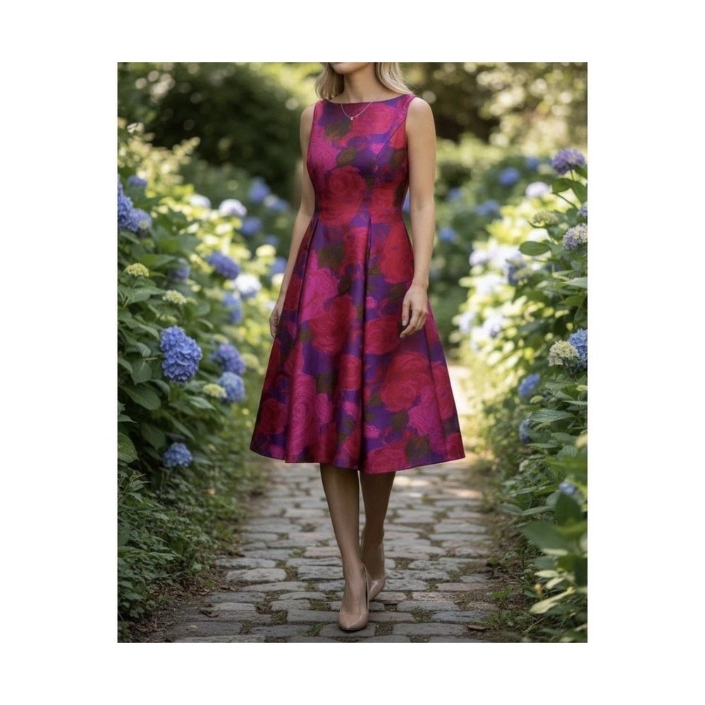 ADRIANNA PAPELL Floral Jacquard Tea Length Dress Magenta‎  SIZE 8 Cocktail Party